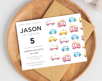 Transportation Birthday Invitation, Cars, Trucks (Digital Download)
