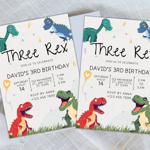 May include: A green, yellow, and red dinosaur birthday invitation with the text "Three Rex" and "David's 3rd Birthday". The invitation includes the date, time, and location of the party, as well as an RSVP contact.