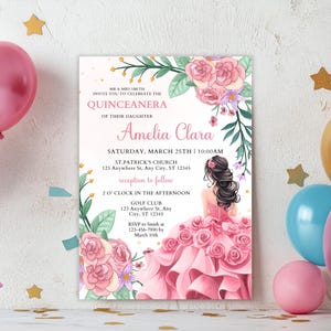 May include: A pink quinceañera invitation with floral accents and the name "Amelia Clara." The invitation includes event details, such as the date, time, and location, and is surrounded by balloons and confetti.