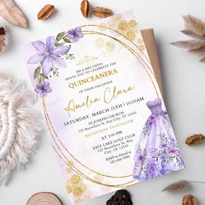 Gorgeous Pearl Lavender And Gold Butterfly Quinceañera Invitation, Purple Dress Quinceañera Invite, Sweet 15 Invitation, Instant Download
