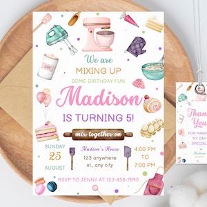 May include: A watercolour birthday invitation with baking illustrations. The invitation features the name "Madison" in pink, the text "IS TURNING 5!", and party details. A matching thank you tag is included.