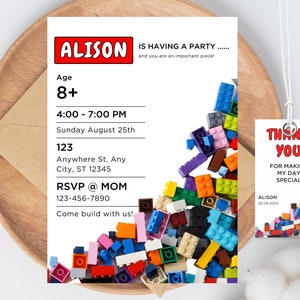 Building Blocks Birthday Invitation, Building Bricks Kids Birthday Party Invite, Editable Canva Template, Thank you Tag, Instant Download