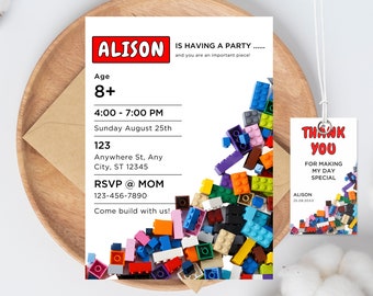May include: A colorful birthday party invitation with a Lego theme. The invitation features a red and white banner with the name "Alison" and the text "Is having a party... and you are an important piece!"  The invitation also includes the age "8+", the date and time of the party, the address, and an RSVP phone number. The invitation is decorated with a colorful pile of Lego bricks.