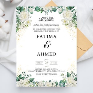 Bewerkbare moslim bruiloft uitnodiging, islamitische Nikah uitnodiging sjabloon, witte bloemen moslim bruiloft uitnodigen, digitale moslim bruiloft uitnodigen