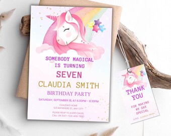Pode incluir: Um unicórnio rosa com um arco-íris e estrelas no fundo. O texto diz "Somebody magical is turning seven Claudia Smith Birthday Party Saturday, September 18, at 6:30pm - 8:30pm Claudia's Home 123 Anywhere St, Any City Please RSVP to Avery Davis, Call or Text: +123-456-7890".
