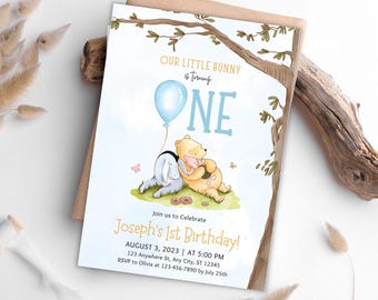 くまのプーさん 1歳の誕生日招待状テンプレート（デジタルダウンロード）