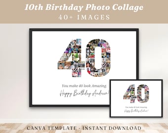 40歳の誕生日フォトコラージュテンプレート、パーソナライズされた数字40（デジタルダウンロード）