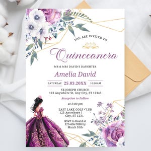 Lavender Lilac Purple Floral Quinceañera Invitation, Gorgeous Pearl Lavender Quinceañera Invite, Sweet 15 Invitation, Quinceañera Invitation