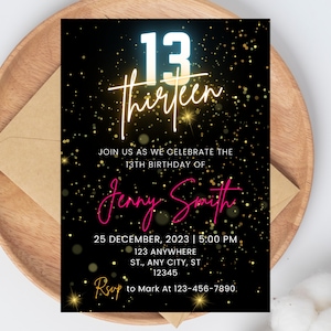 Editable Neon Birthday Invitation, Pink Birthday Invitation, 13th Birthday Invitation, 14 Year Old Girl Birthday, Instant Download