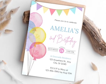 Balloon Birthday Invitation Template, Kids Party Invite (Editable, PDF)