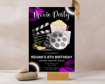 Plantilla editable de invitación de cumpleaños para una noche de cine (descarga digital)