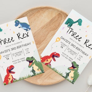 May include: A light blue and green dinosaur birthday invitation with the text "Three Rex" and "David's 3rd Birthday". The invitation includes the date, time, and RSVP information.