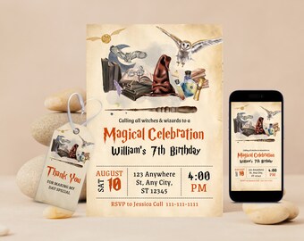 Editable Wizard Birthday Invitation, Magic School Party (Digital Download)