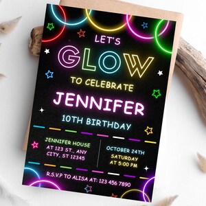 Editable Glow Party Birthday Invitation Template, Neon Party Invite, Glow Invitation Template, Neon Glow Party, Glow Gender Neutral Invites