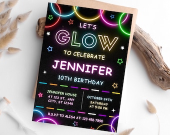 Editable Glow Party Birthday Invitation Template, Neon Invite (Digital Download)