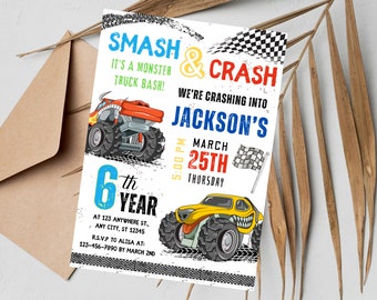 May include: A colorful invitation for a 6th birthday party with a monster truck theme. The invitation features two monster trucks, one red and one yellow, with the text "Smash & Crash" and "We're crashing into Jackson's" on a white background. The party is scheduled for March 25th at 5:00 PM.