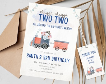 Modèle modifiable d'invitation d'anniversaire de train, invitation imprimable de deuxième anniversaire de train, invitation de partie de train Chugga Chugga deux deux anniversaire