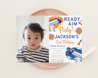 Editable Nerf Birthday Invitation, Photo Dart Party (Canva Template)