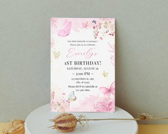 Butterfly 1st Birthday Invitation, Girl Party, Pink Floral (Digital Download)