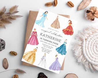 Princess Birthday Invitation Template, Watercolor Dresses (Digital Download)
