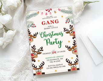 May include: Christmas party invitation with reindeer illustrations and festive text. The invitation includes the text "WE ARE ROUNDING UP THE GANG FOR A MERRY LITTLE Christmas Party". The date is Thursday, October 24th at 5:00 PM.