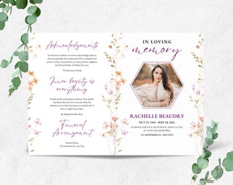May include: A white funeral program with a floral design and a photo of a woman. The text "In Loving Memory" is at the top of the page, and the text "Rachelle Beaudry" is at the bottom of the page. The dates "Oct 25, 1965 - May 18, 2021" are listed below the name. The text "Funeral Service on Sunday, April 2, 2021 at 10 in the morning" is listed below the dates. The text "123 Anywhere St, Any City" is listed below the service information.