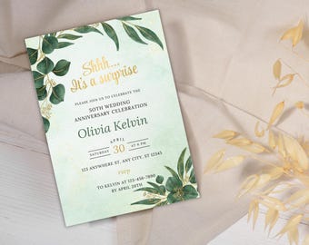 50周年記念招待状テンプレート、グリーンリーフ招待状（編集可能、印刷可能）