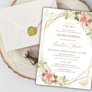 Erröten Rosa und Gold Quinceanera Einladung, Blumen Mis Quince Anos, Blumen 16. Geburtstag Mädchen, Quinceanera Geburtstagseinladung, Sofortiger Download