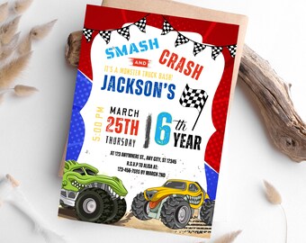 May include: A red, white, and blue invitation for a monster truck themed birthday party. The invitation says "Smash and Crash It's a Monster Truck Bash! Jackson's 6th Year" with a date of March 25th. The invitation features a green and black monster truck and a yellow and black monster truck.