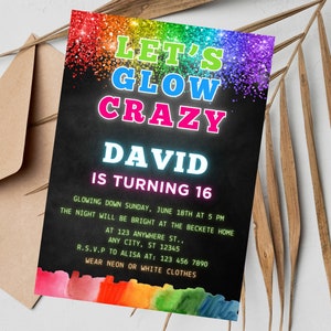 Editable Glow Party Birthday Invitation Template, Neon Party Invite, Glow Invitation Template, Neon Glow Party, Glow Gender Neutral Invites