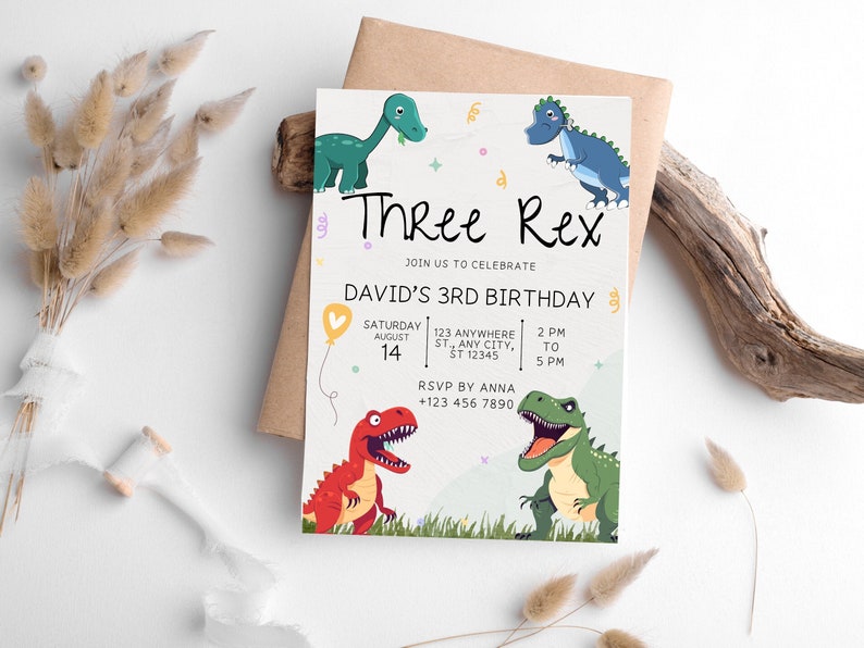 May include: A colorful dinosaur-themed birthday invitation for a 3rd birthday party. The invitation features a green, red, and blue dinosaur illustration with the text "Three Rex" and "David's 3rd Birthday".