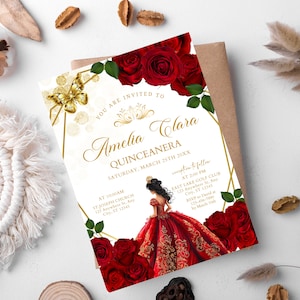 Invito Quinceañera rosso e oro bordeaux, invito di compleanno Mis Quince Emerald Red Rose, floreale Mis Quince Anos, download istantaneo