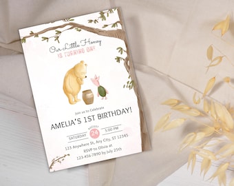 くまのプーさん 1歳の誕生日招待状テンプレート（デジタルダウンロード）