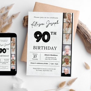 Minimalistische 90e verjaardag uitnodiging voor feest met foto, 90e verjaardag uitnodigen, uitnodigingssjabloon, afdrukbare verjaardagsuitnodiging