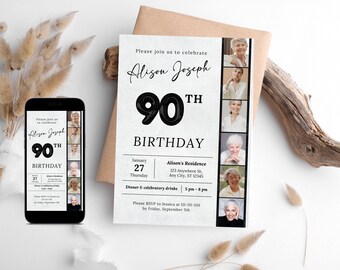 90th Birthday Invitation Template with Photo (Digital Download)