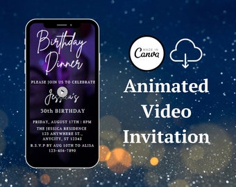 Plantilla de invitación de video de cumpleaños con brillo rosa, invitación para teléfono editable en Canva (descarga digital)