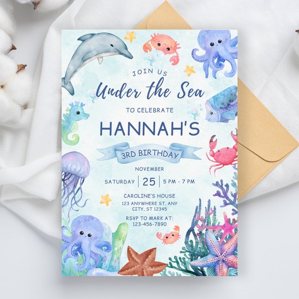 Under The Sea Birthday Invitation Template, Editable Ocean Animals Party Invite, Magical Sea Life Invitation Template, Instant Download