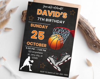 May include: A black and white basketball-themed invitation for a 7th birthday party. The invitation features a basketball going through a hoop, a pair of sneakers, and the text "Join us to celebrate! David's 7th Birthday Sunday 25 October 5:00 PM - 7:00 PM 123 anywhere st., any city, st 12345 RSVP to Smith at 123-456-7890".