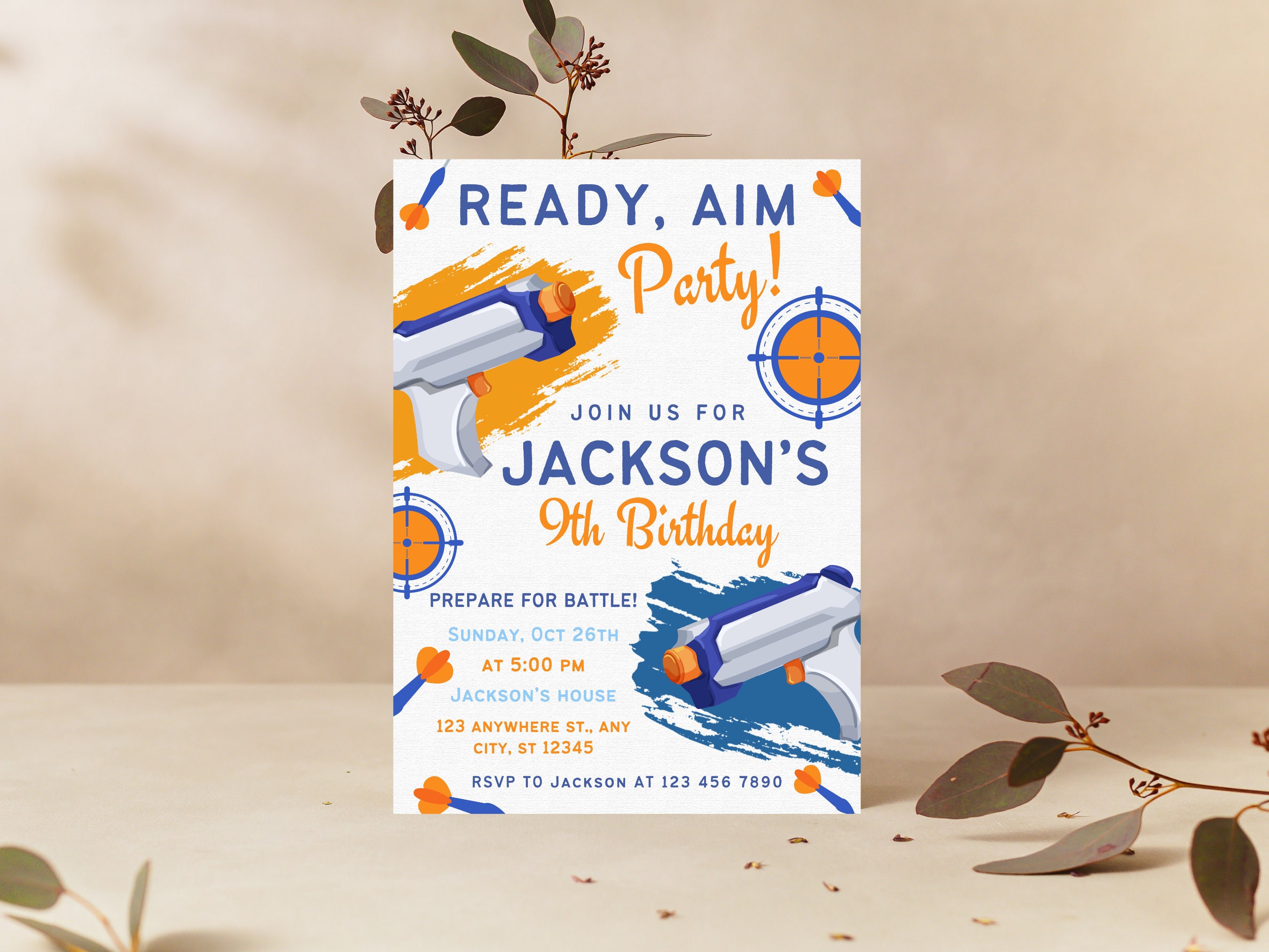 Editable Nerf Birthday Party Invitation, Dart Gun Birthday Party ...