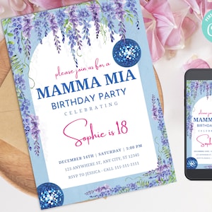Mamma Mia Zaproszenie na imprezę, Zaproszenie na imprezę urodzinową, Mamma Mia Dancing Queen, W pełni edytowalny szablon, e-zaproszenia telefoniczne