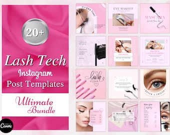 Pink Lash Tech Instagram Post Templates, Esthetician Beauty Posts (Editable Canva Templates)