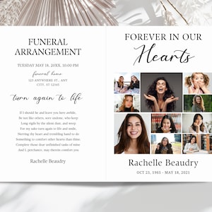 Puede incluir: Tarjeta de arreglo funerario con el texto "FUNERAL ARRANGEMENT" y "FOREVER IN OUR HEARTS". La tarjeta incluye un poema, un collage de fotos y el nombre y las fechas de la difunta, Rachelle Beaudry.