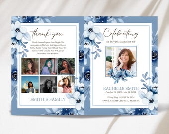 May include: A blue and white floral memorial card with a photo of a woman and the text "Celebrating in loving memory of Rachelle Smith, October 25, 19XX - May 18, 20XX. Friday, May 19, 20XX at 5 PM, Saint Joseph Church, Alberta."