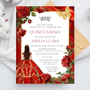 Burgundy Red Rose Quinceañera Invitation, Gold Floral, Editable Template (Digital Download)