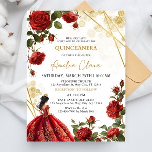 Burgundy Red and Gold Quinceañera Invitation, Mis Quince Emerald Red Rose Birthday Invitation, Floral Mis Quince Anos, Instant Download