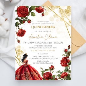 Invito Quinceañera rosso e oro bordeaux, invito di compleanno Mis Quince Emerald Red Rose, floreale Mis Quince Anos, download istantaneo