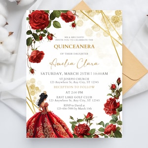 Burgundy Red and Gold Quinceañera Invitation, Mis Quince Emerald Red Rose Birthday Invitation, Floral Mis Quince Anos, Instant Download