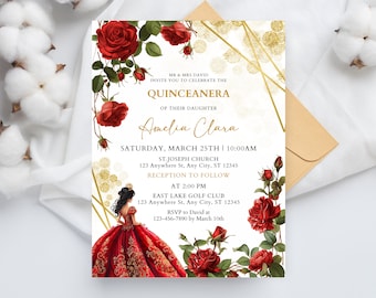 Invitación de quinceañera de rosa roja burdeos, floral dorado (descarga instantánea)