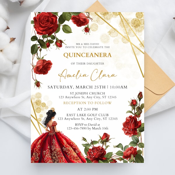 Bourgondische rode en gouden Quinceañera uitnodiging, Mis Quince Emerald Red Rose verjaardagsuitnodiging, Floral Mis Quince Anos, Instant Download