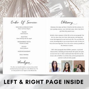 Może przedstawiać: Czarno-biały szablon programu pogrzebowego z kolejnością ceremonii na lewej stronie i nekrologiem na prawej stronie. Program zawiera sekcję powitania i wprowadzenia, modlitwy, wyboru, wspomnień, panegiryku, podziękowań, ostatniego pożegnania i uroczystego zakończenia. Sekcja nekrologu zawiera instrukcje dotyczące pisania nekrologu.
